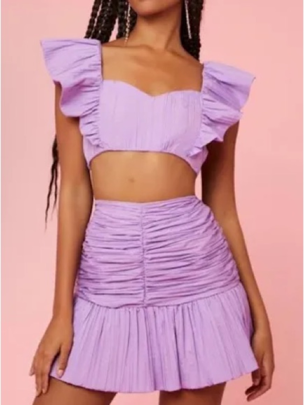 Forever 21 Lilac Ruffle Crop Top & Ruched Mini Skirt Set